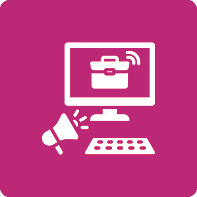 Icon of a computer with a briefcase and megaphone symbol, representing online business or digital marketing.