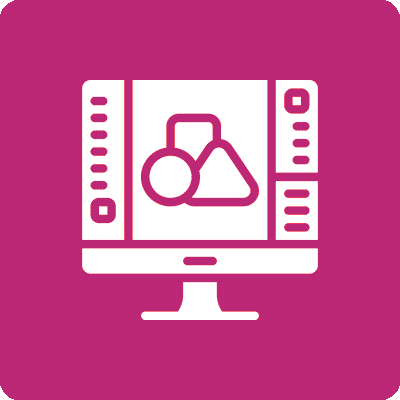 Icon of a computer screen displaying geometric shapes in design software.