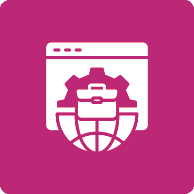 Icon of a globe with a gear and briefcase inside a browser window.