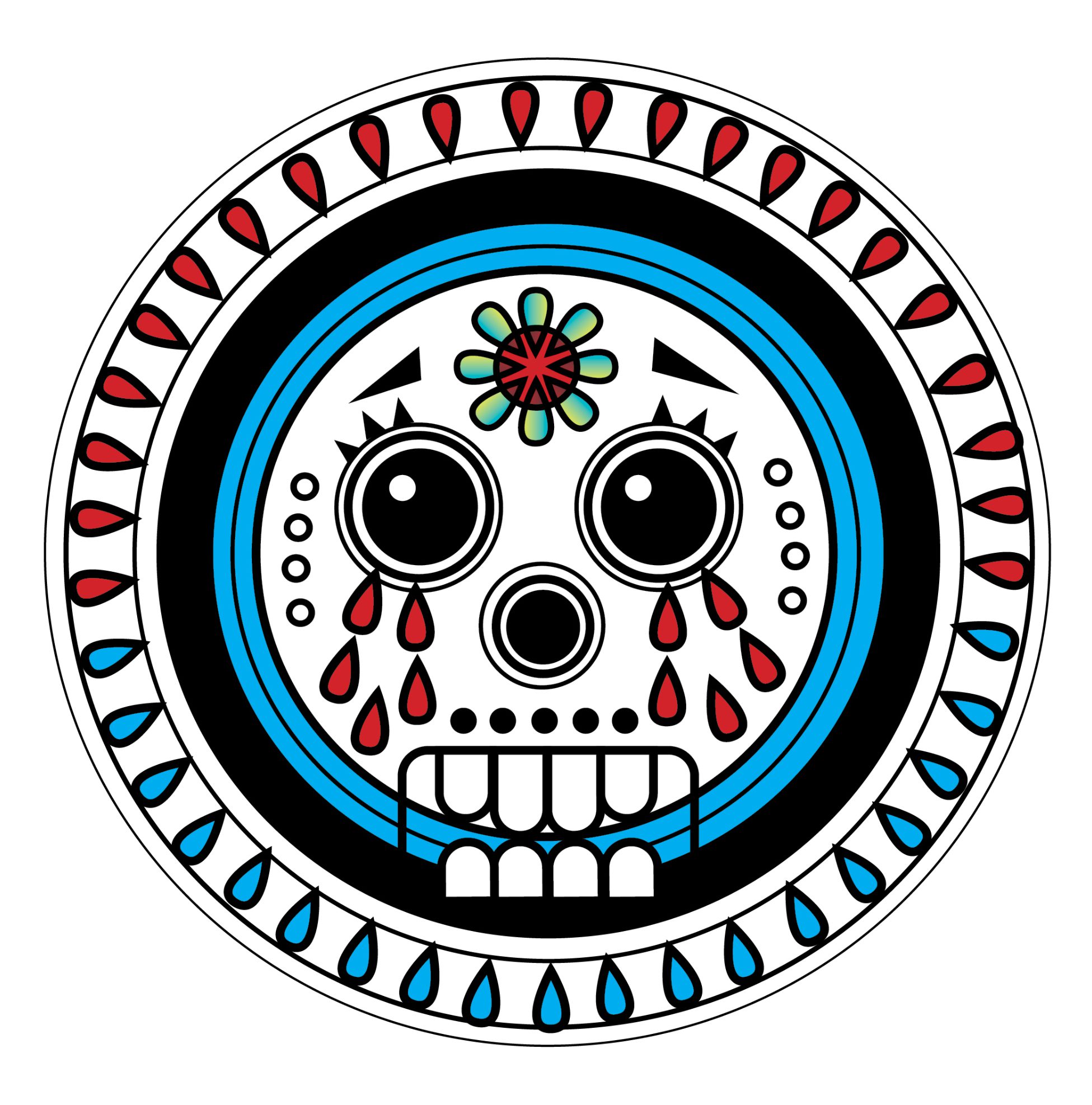 A stylized skull with teardrops in a circular decorative frame.