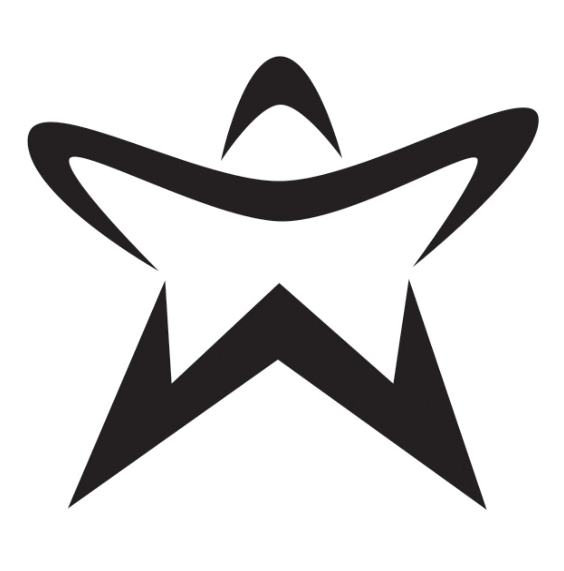 Stylized black star logo with abstract design elements.