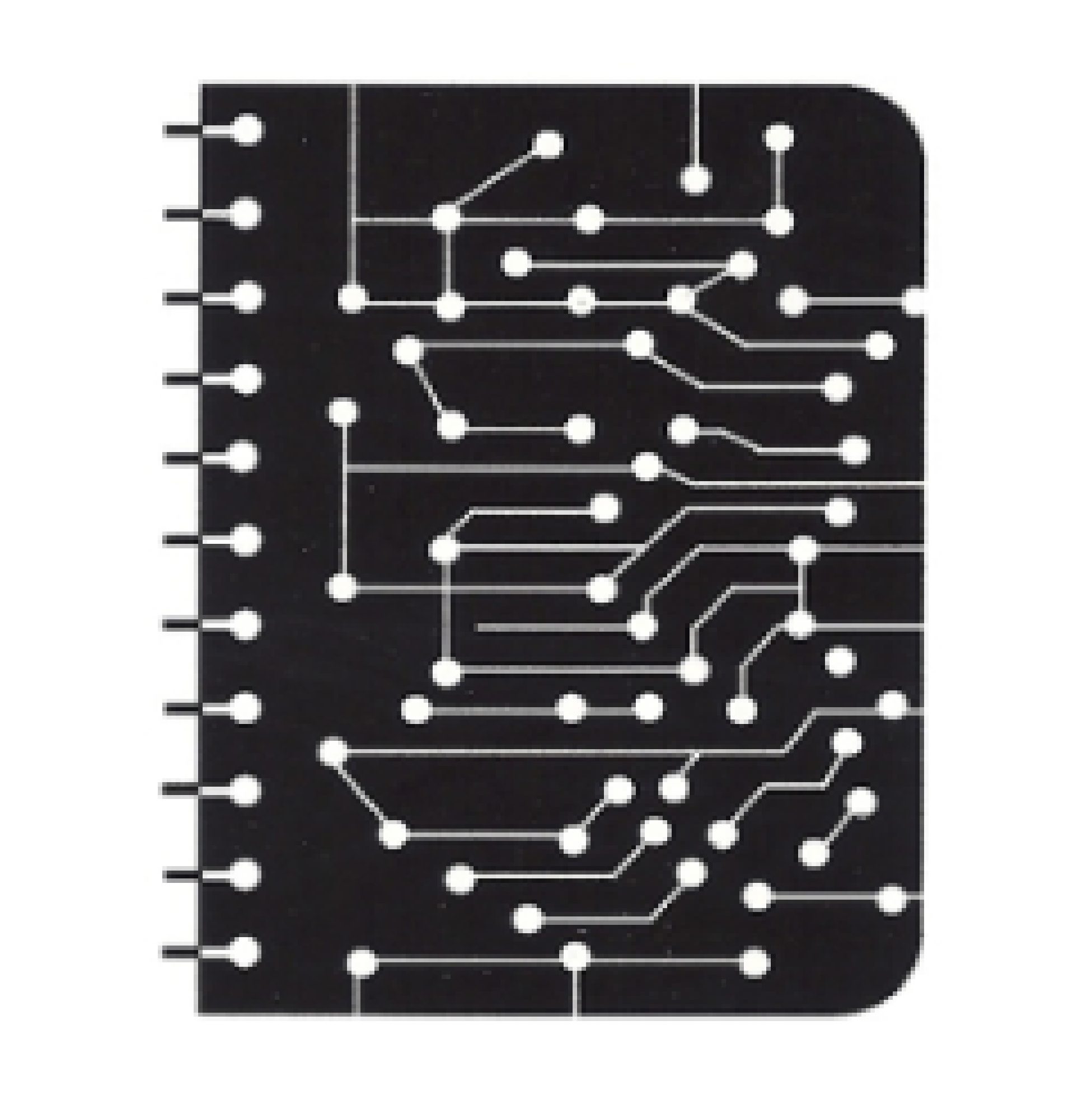 Black notebook with a white circuit board design on the cover.