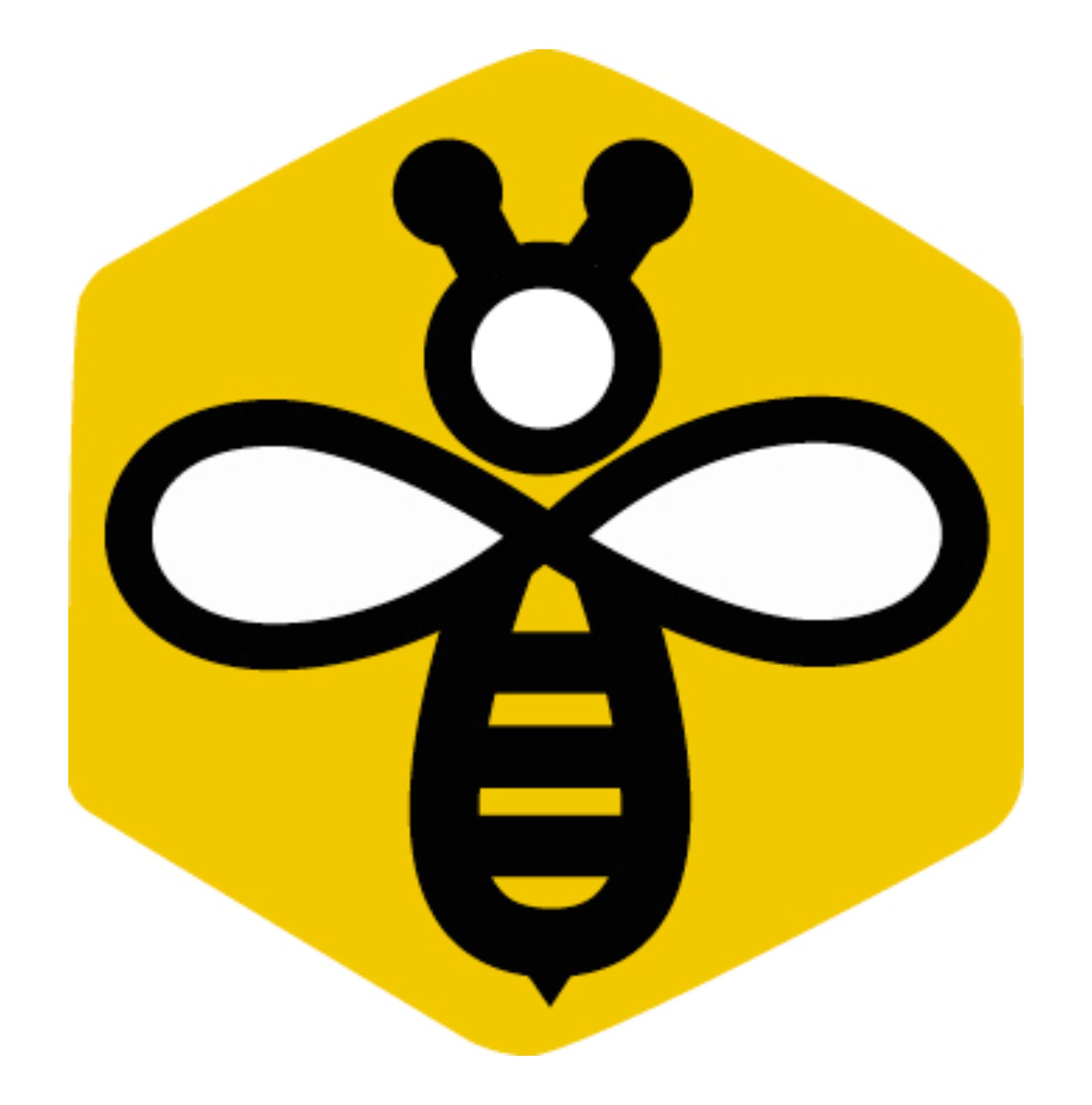Abstract bee logo inside a yellow hexagon.