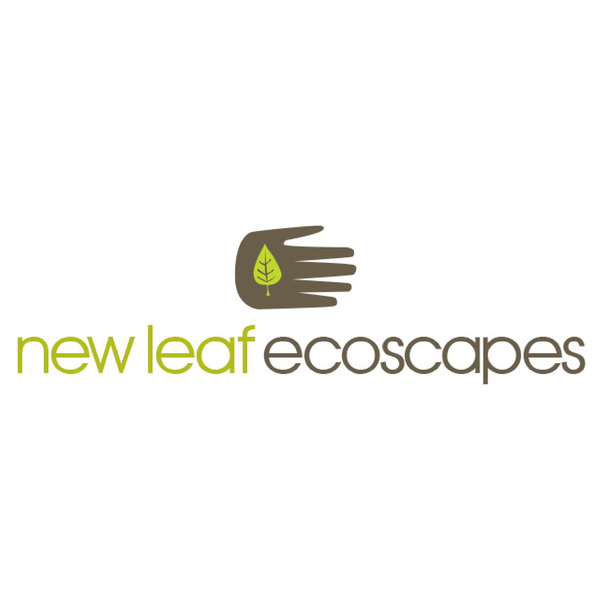 Logo with a green leaf and brown hand symbol for New Leaf Ecoscapes.