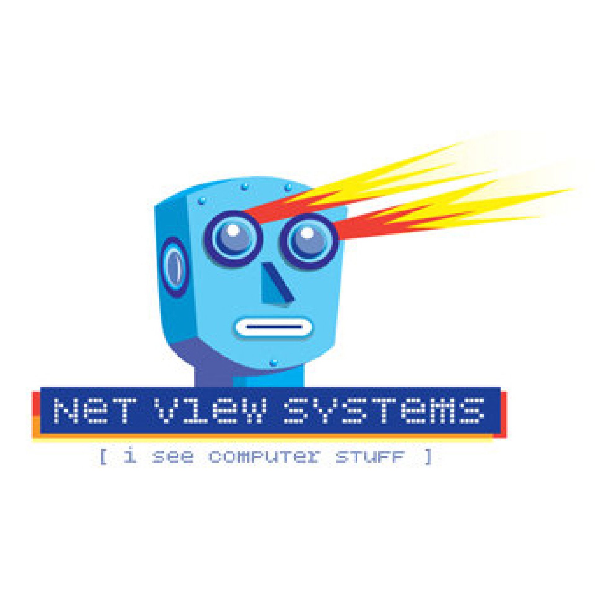 Logo of Net View Systems with a robot shooting laser from its eyes.