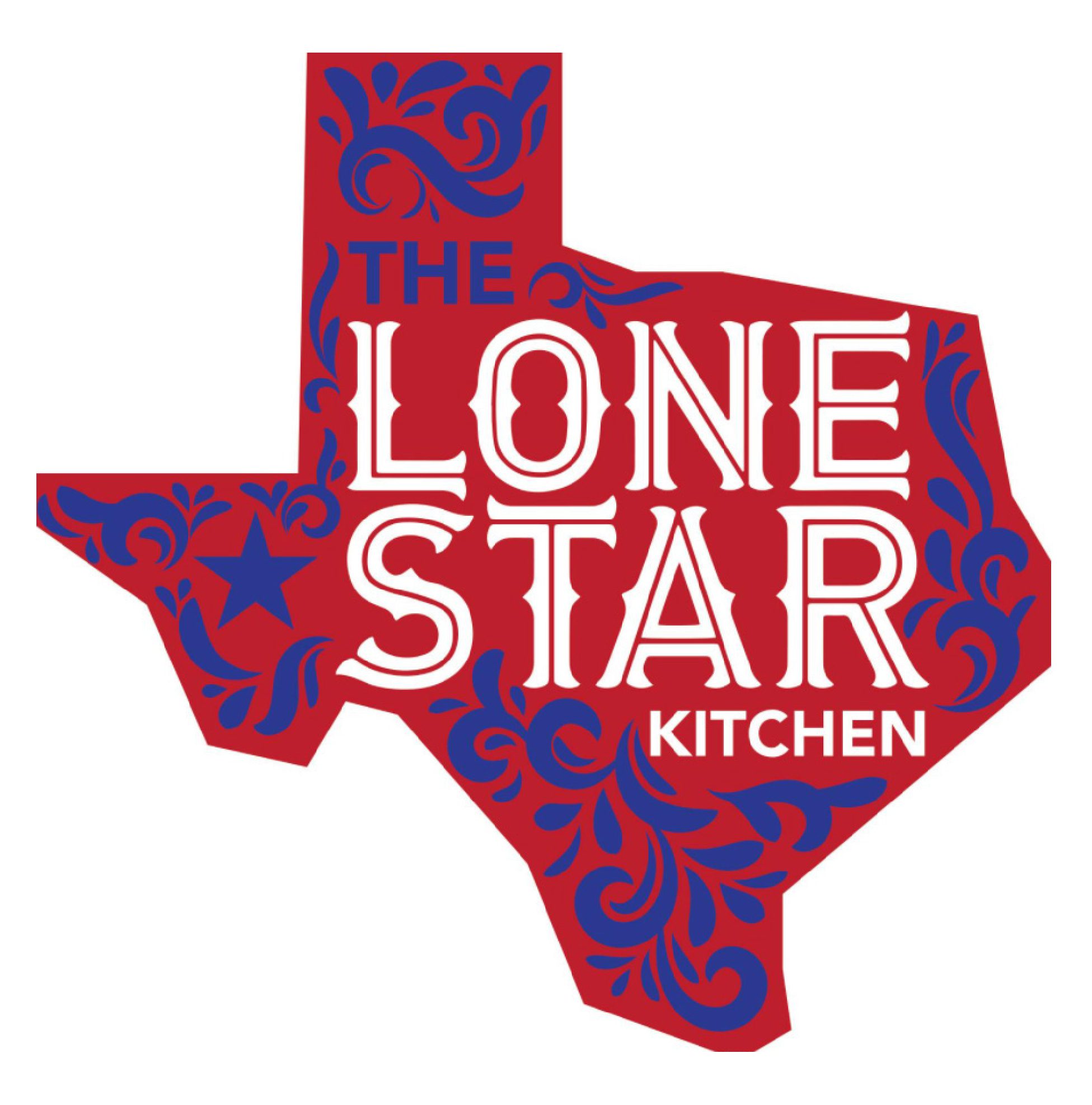 Logo of The Lone Star Kitchen in Texas shape with decorative elements.