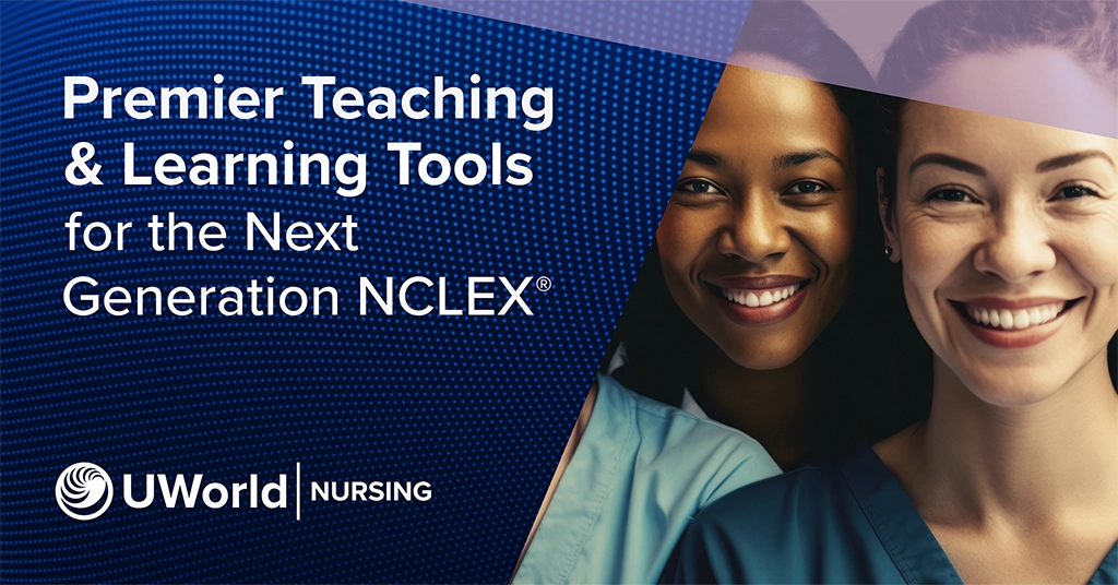 Smiling nurse promoting Next Generation NCLEX teaching tools.