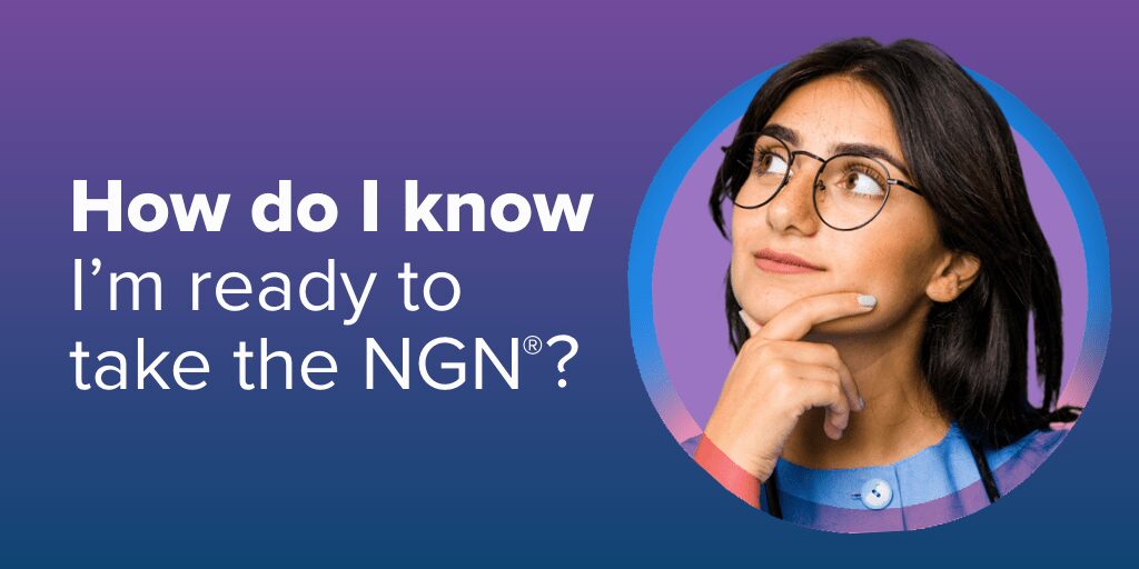 A thoughtful woman in glasses with text about readiness for the NGN exam.