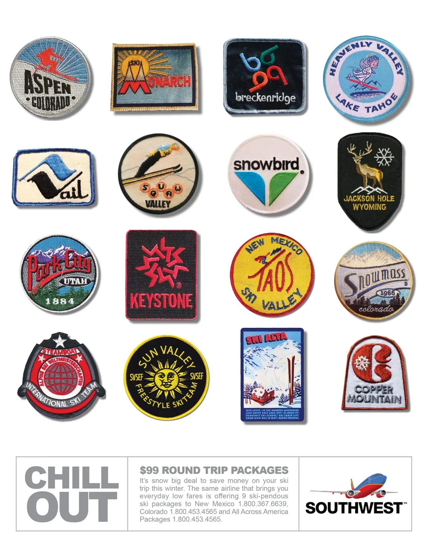 A collection of colorful ski resort logo patches.