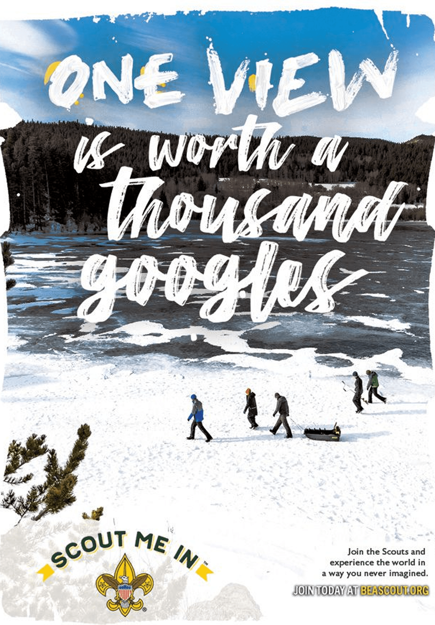 People hiking on snowy terrain with motivational text overlay.