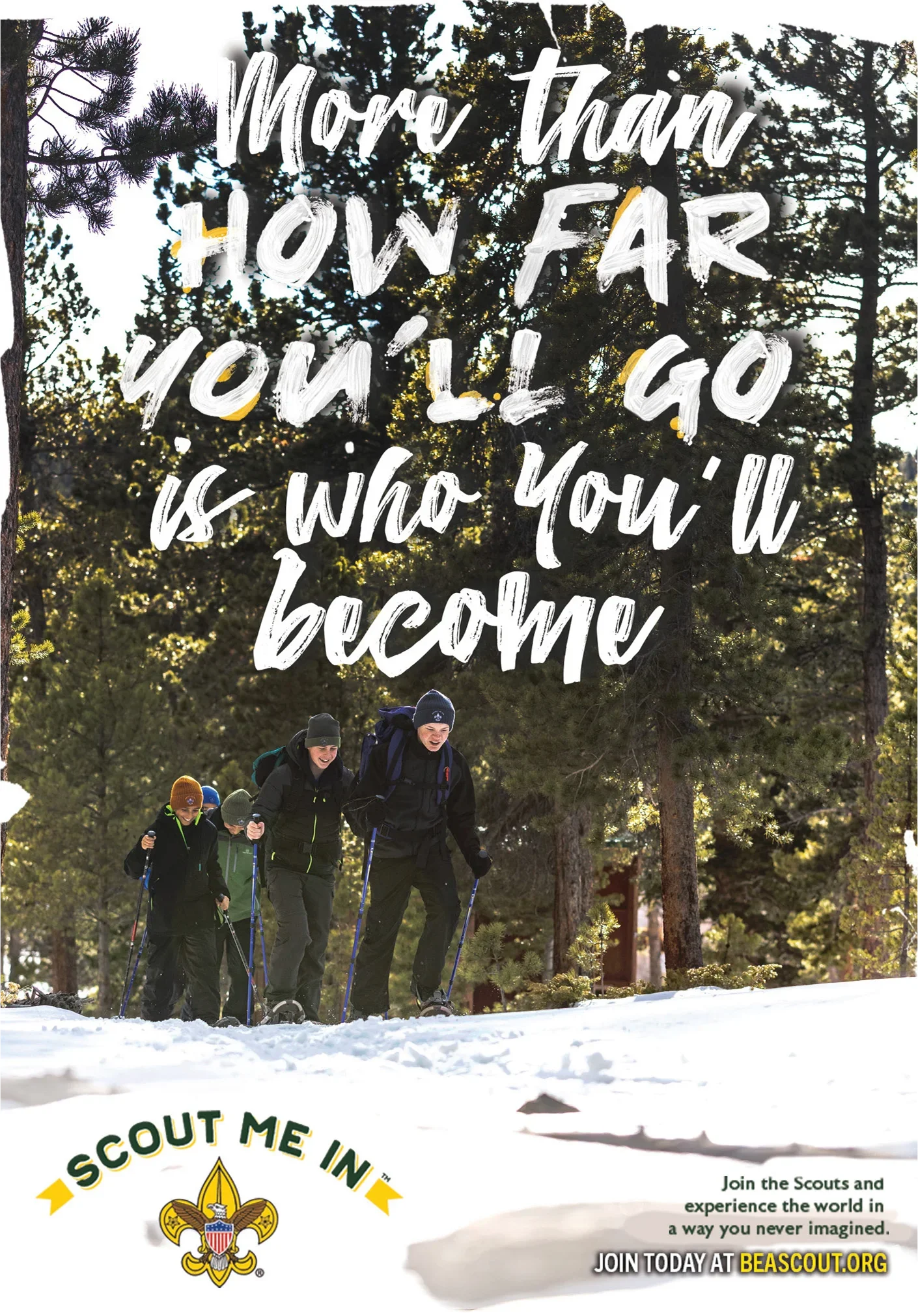 A group hiking through snowy woods beneath an inspirational quote.