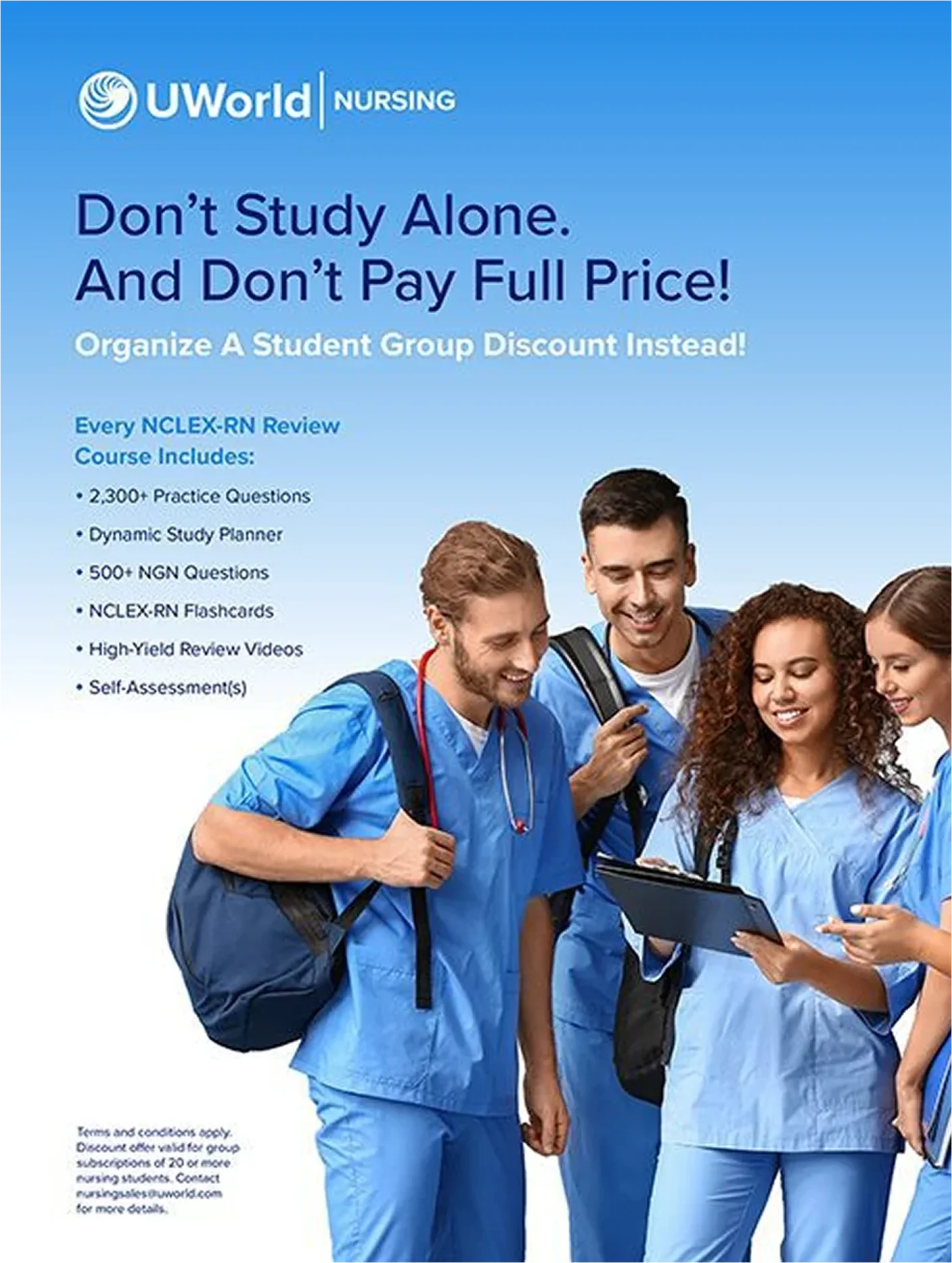 Group of students studying together with a special discount offer on textbooks.