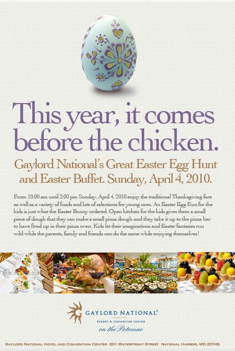 Flyer for Gaylord National's 2010 Easter Egg Hunt and Easter Buffet event.
