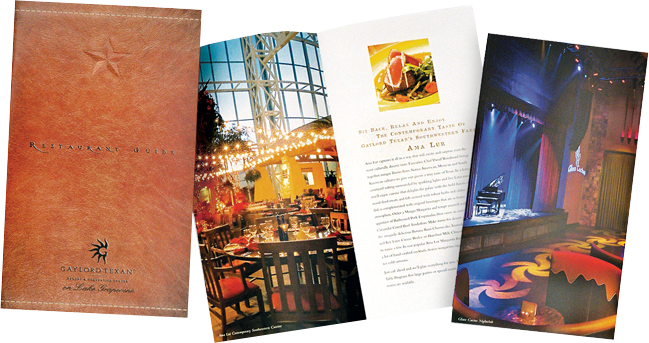 Open brochure featuring vibrant restaurant interiors and menu highlights.