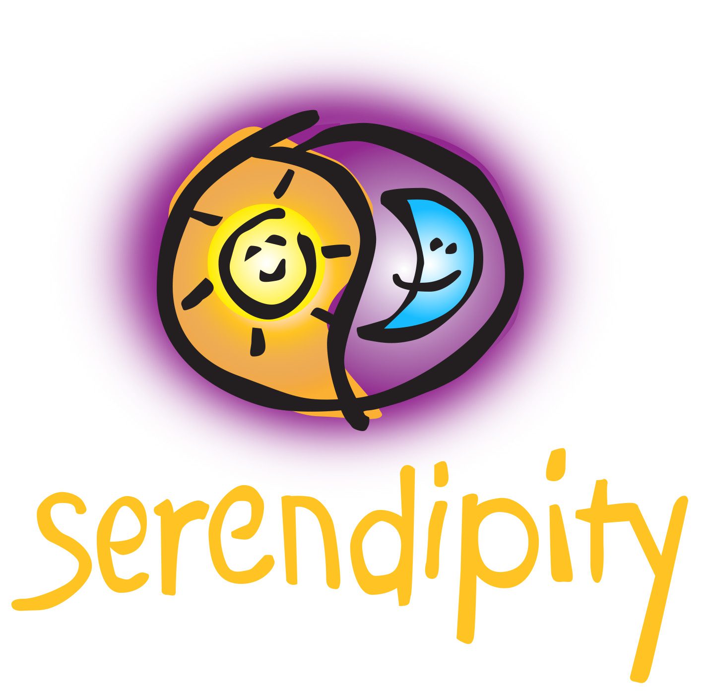 A colorful sun and moon illustration with the word 'serendipity'.