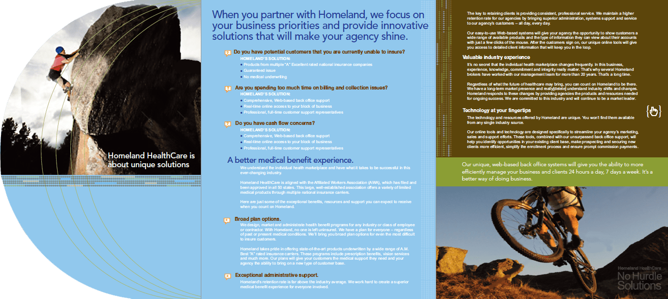 Informative flyer detailing Homelend's agency solutions and benefits.
