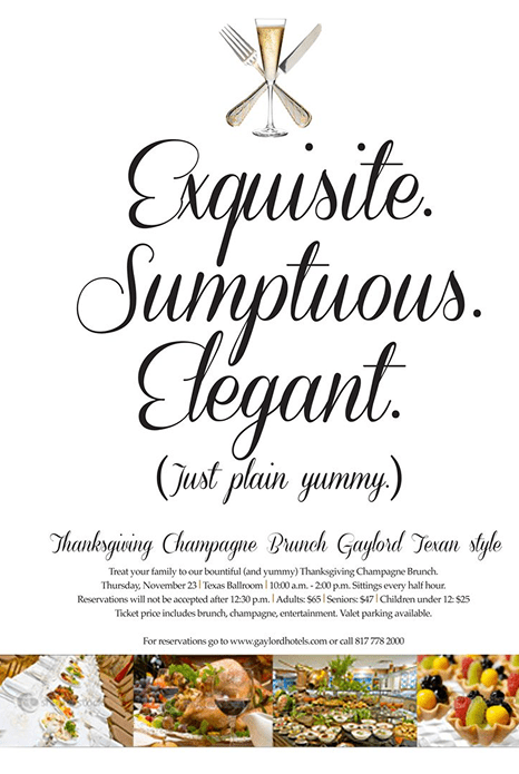 Elegant script text listing gourmet flavors: Exquisite, Sumptuous, Elegant.