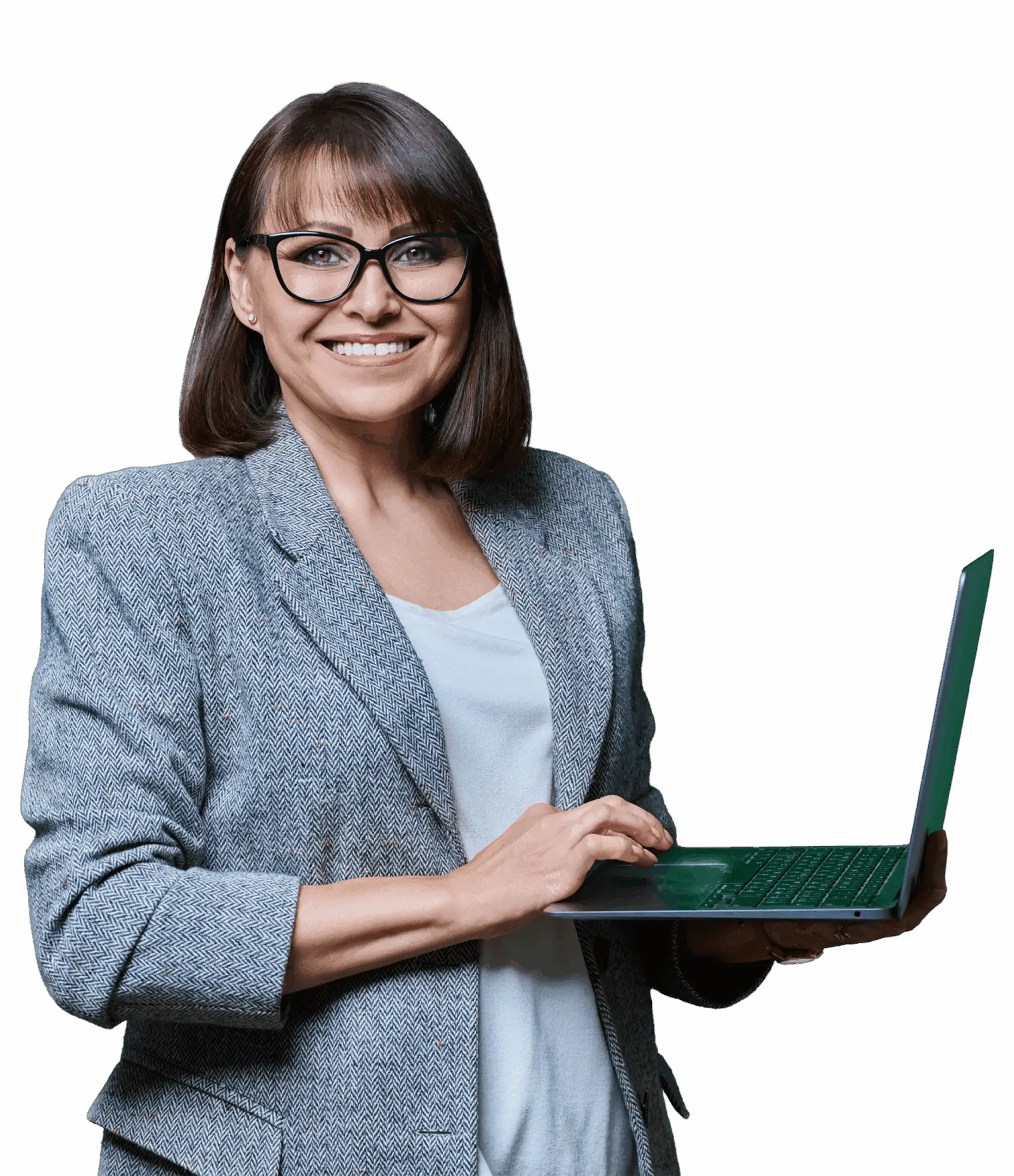 Smiling woman in glasses holding a laptop.